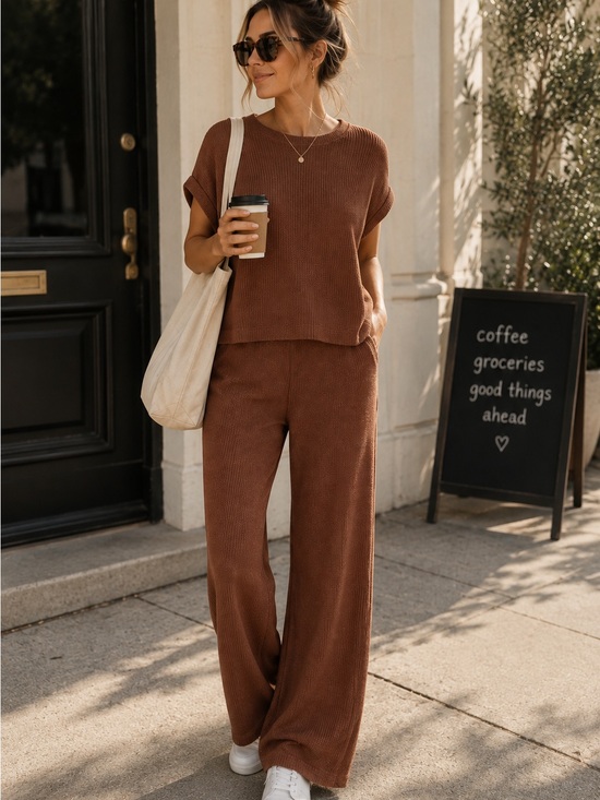 Zenana Outfitters Pants - Zenana Outfitters Wide Leg Pants Set in Rich Brown